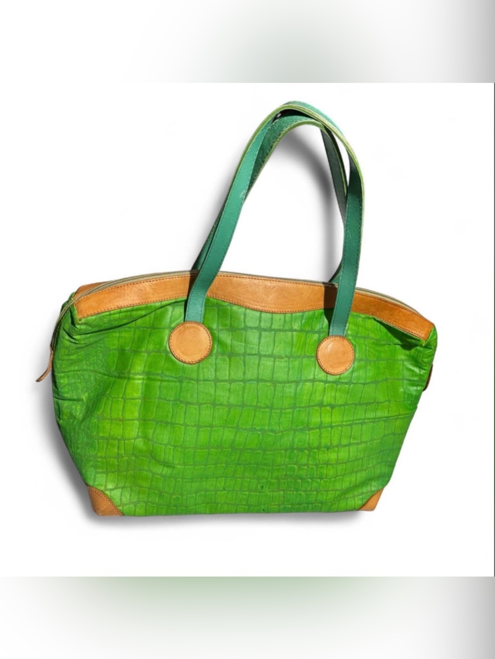 Green Croc-Embossed Tote with Tan Trim and Green Straps
